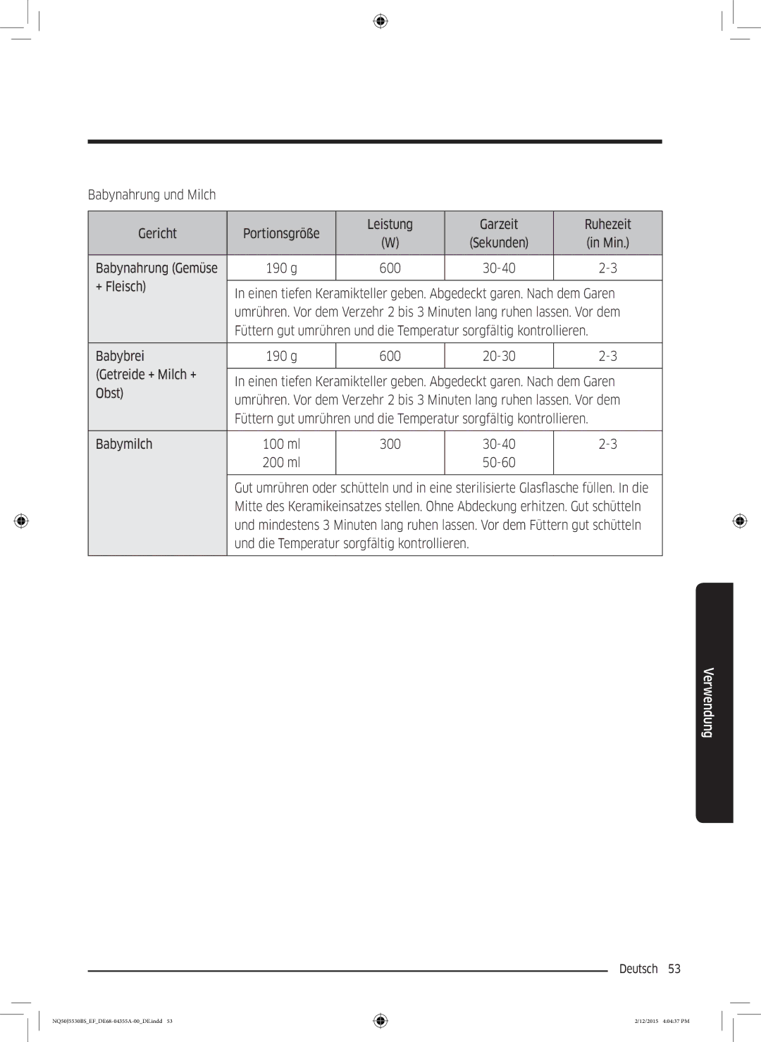 Samsung NQ50J5530BS/EF manual Babynahrung Gemüse, Deutsch  